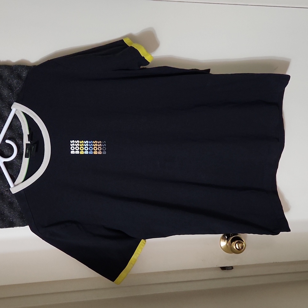 Hugo Boss Navy Blue Multi Color Spellout Logo Crewneck T-Shirt